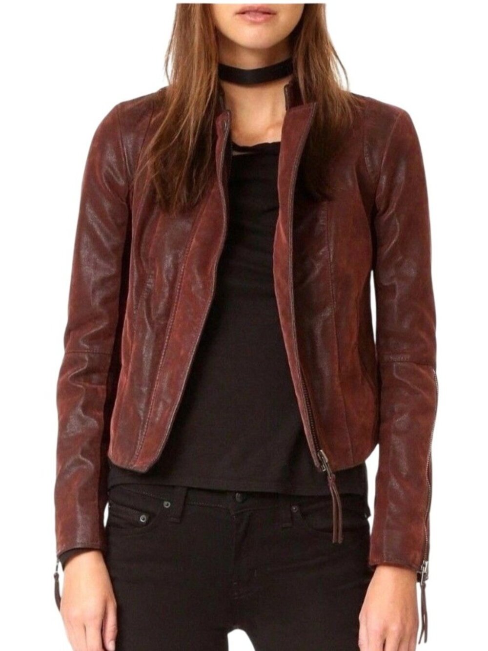 Free People Cool & Clean Moto Jacket Women’s Size 6 Vegan Faux-Suede Burgundy